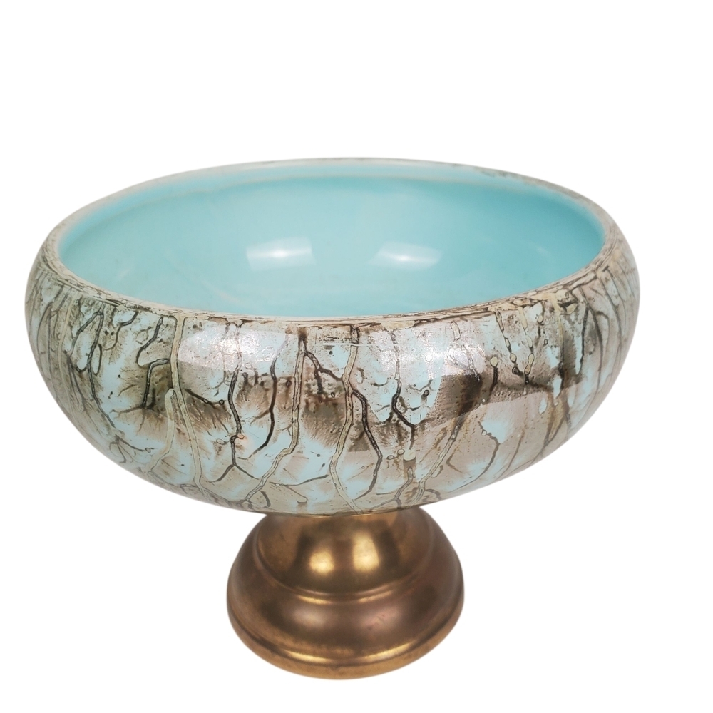 Vintage Mid-Century Modern Delft Holland Pedestal Bowl - Hand-Painted Turquoise - Picture 3 of 9
